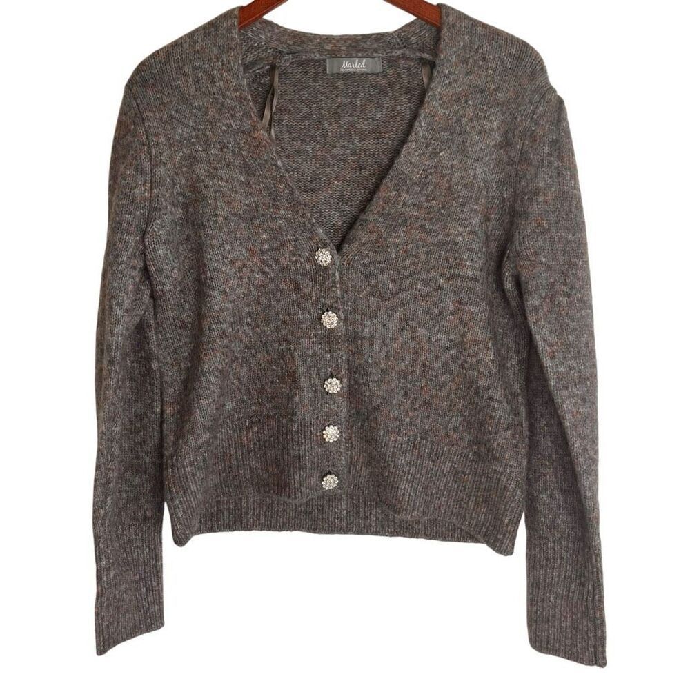 Marled Womens Knit Long Sleeve V-Neck Cardigan Sweater Gray Red Size Medium